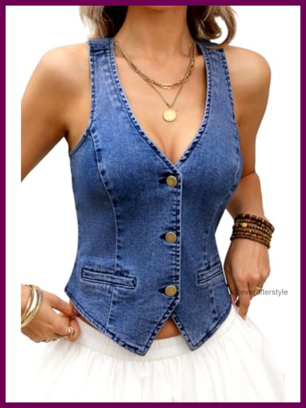 Women's Cropped Denim Vest Western Style Faux Pockets Stretch Button Down